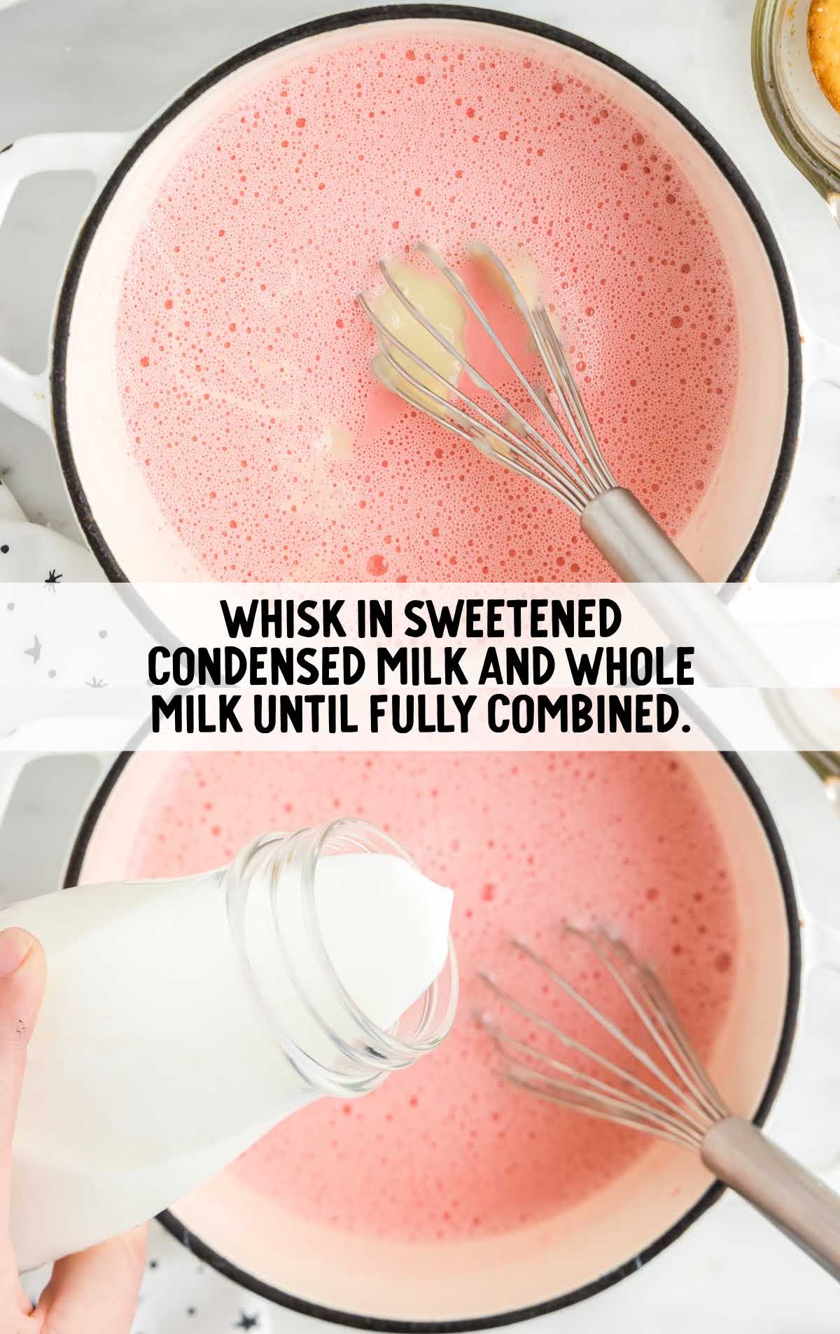 sweetened condensed milk and whole milk whisked in a bowl