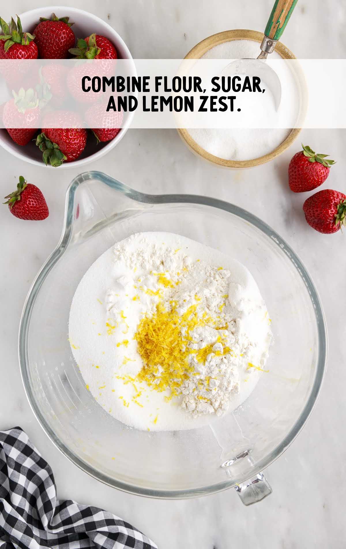 flour, sugar, lemon zest combined in a bowl