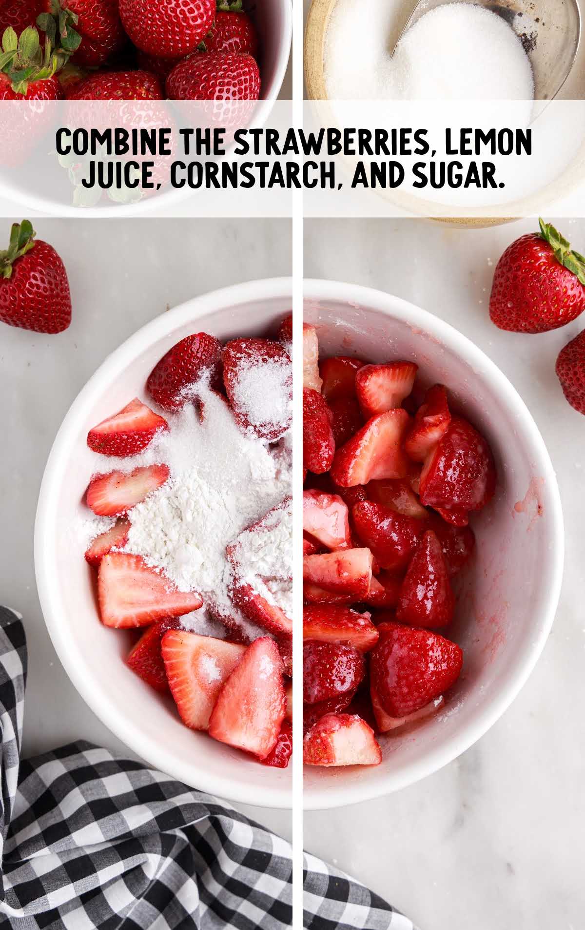 strawberries, lemon juice, cornstarch and sugar combined in a bowl
