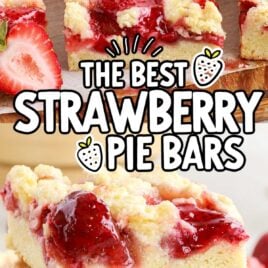 close up shot of slices of Strawberry Pie Bars stacked on top of each other and close up shot of slices of Strawberry Pie Bars on a wooden cutting board