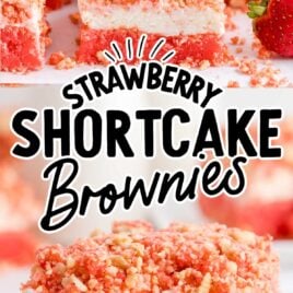 close up shot of Strawberry Shortcake Brownie on a plate with a bite taken out and a close up shot of Strawberry Shortcake Brownies