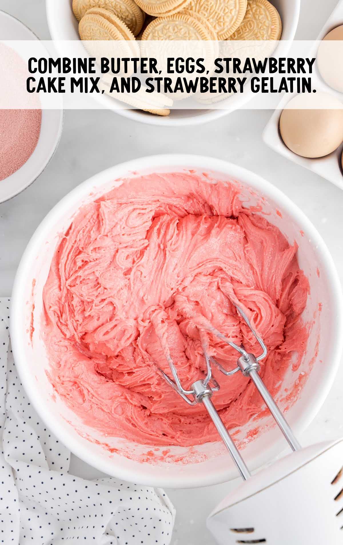 butter, eggs, strawberry cake mix and strawberry gelatin blended together