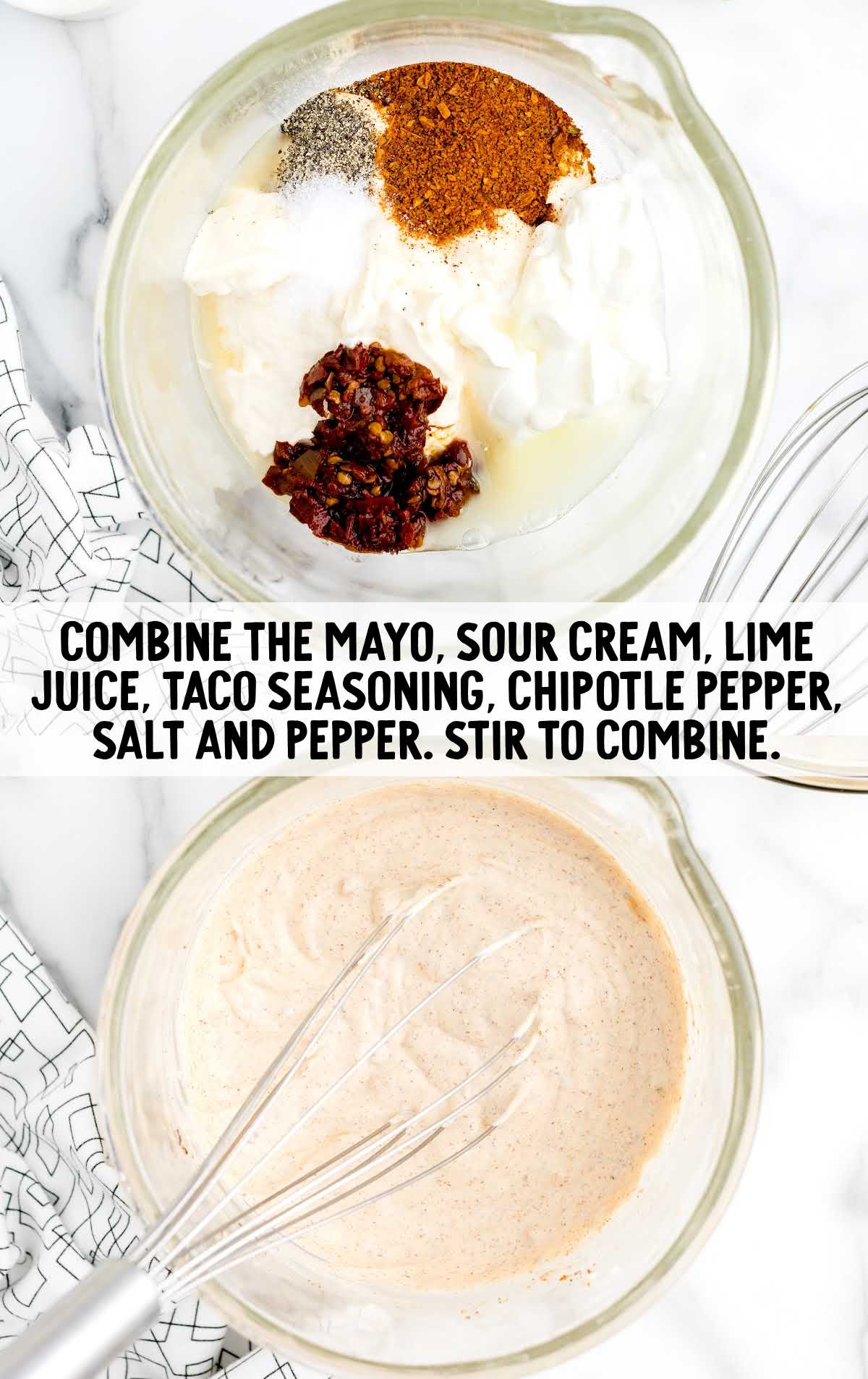 mayo, sour cream, lime juice, taco seasoning, chopped pepper, salt and pepper whisked in a bowl