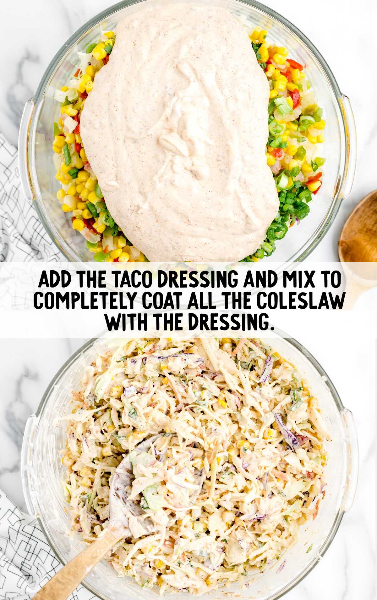 taco dressing added to the coleslaw and mixed in a bowl