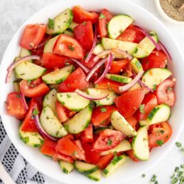 overhead shot of Tomato Cucumber Salad in a bowl