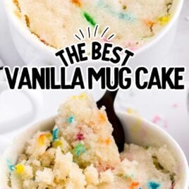 a close up shot of Vanilla Mug Cake with a spoon and a close up shot of Vanilla Mug Cake in a mug