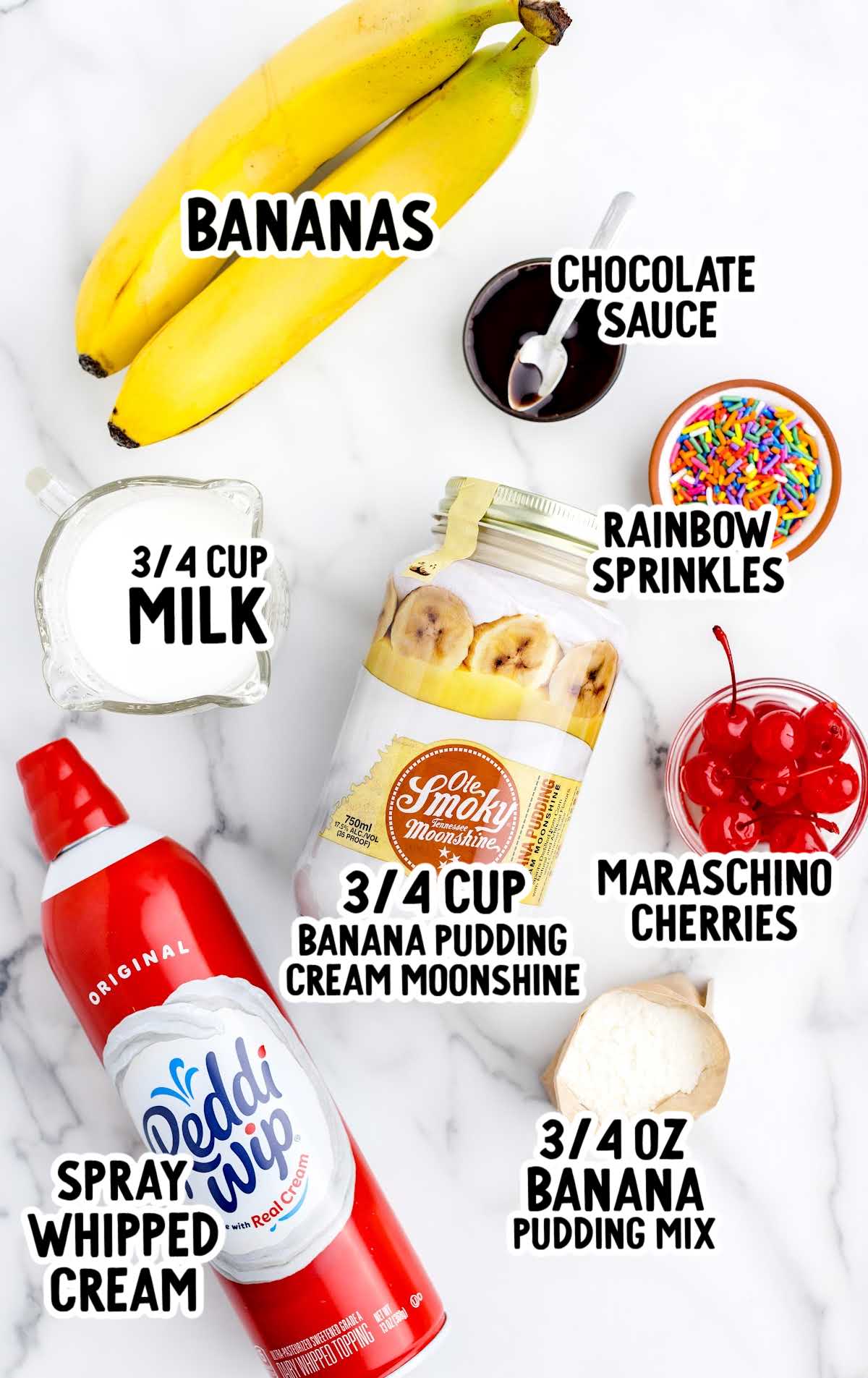 Banana Split Jello Shots raw ingredients that are labeled