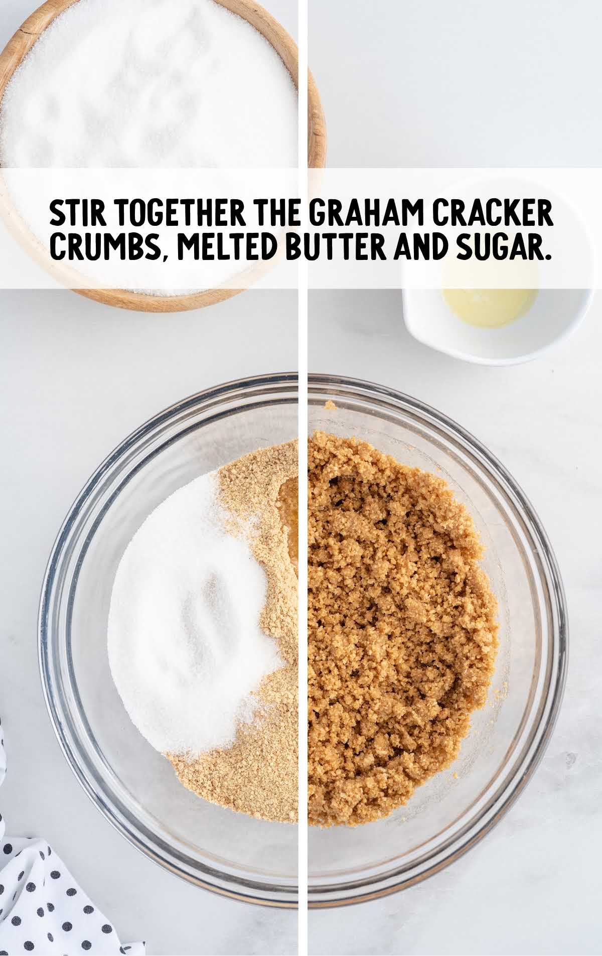 graham cracker crumbs, melted butter, and sugar stirred in a bowl