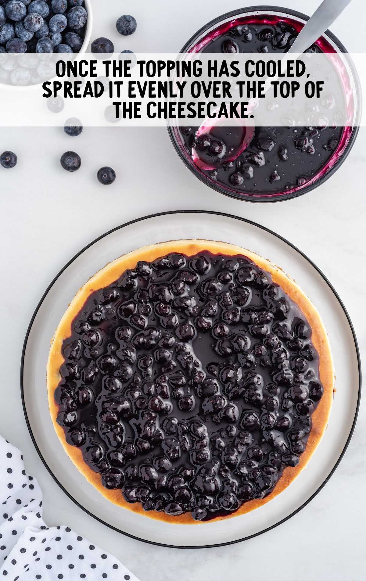 blueberries spread on top the cheesecake on a plate