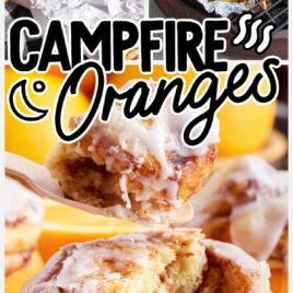 close up shot of Campfire Oranges topped with icing with a fork grabbing a piece