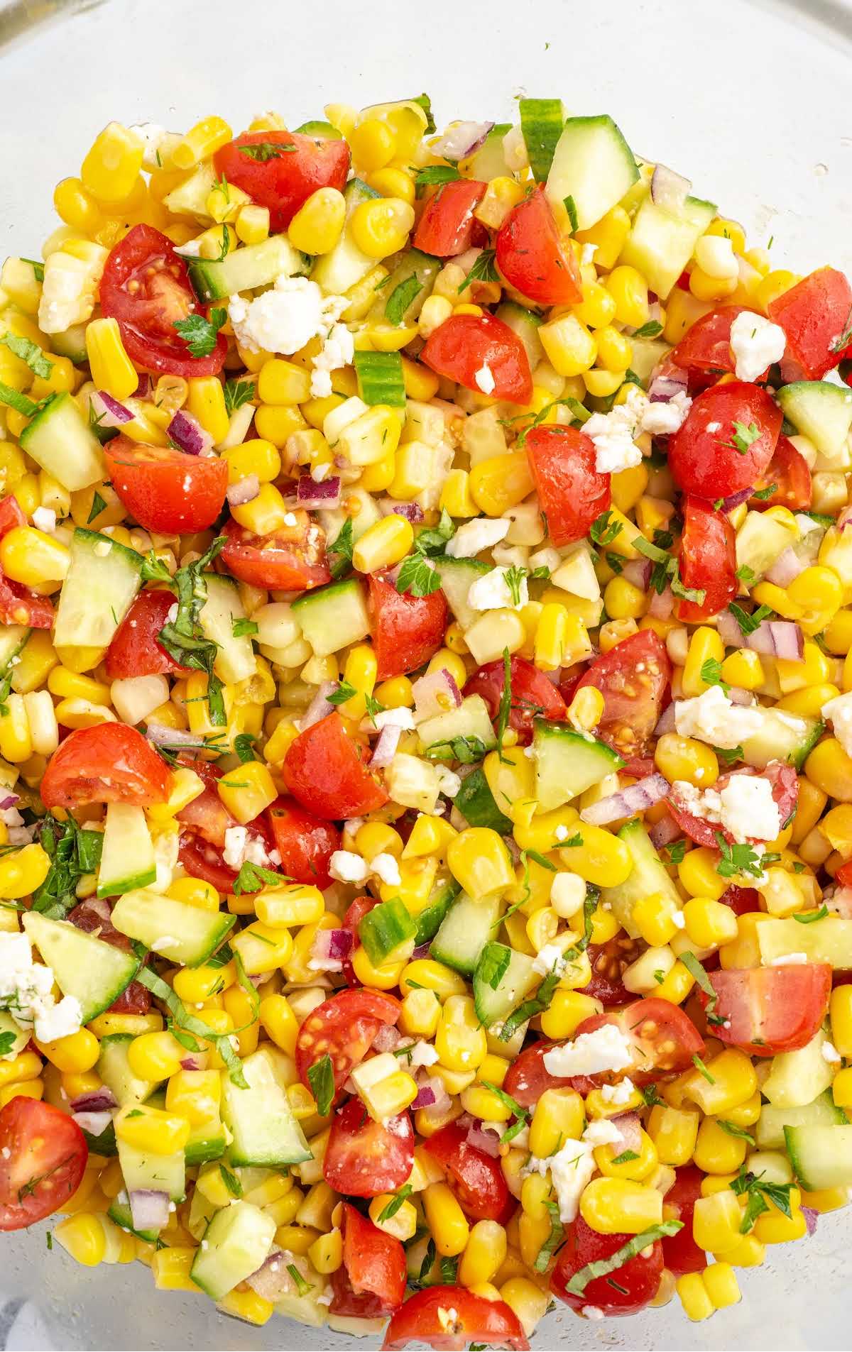 overhead shot of corn salad in a bowl
