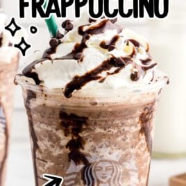 a close up shot of a Frappuccino topped with whipped cream, chocolate syrup, and chocolate chips