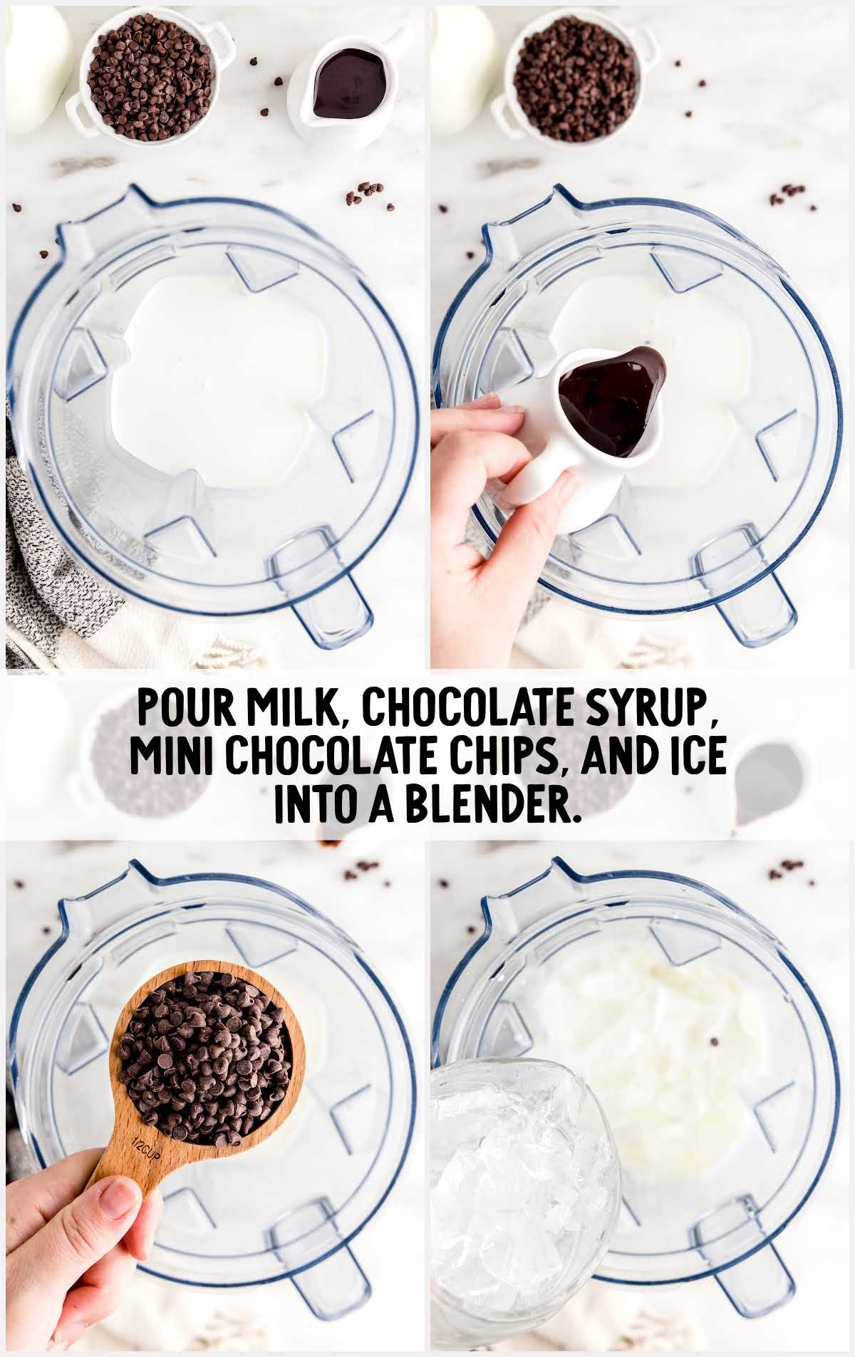 milk, chocolate syrup, mini chocolate chips and ice placed in a blender
