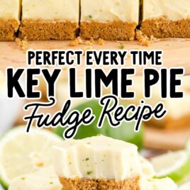 a close up shot of slices of key lime fudge and a close up shot of key lime fudge stacked on top of each other on a wooden board