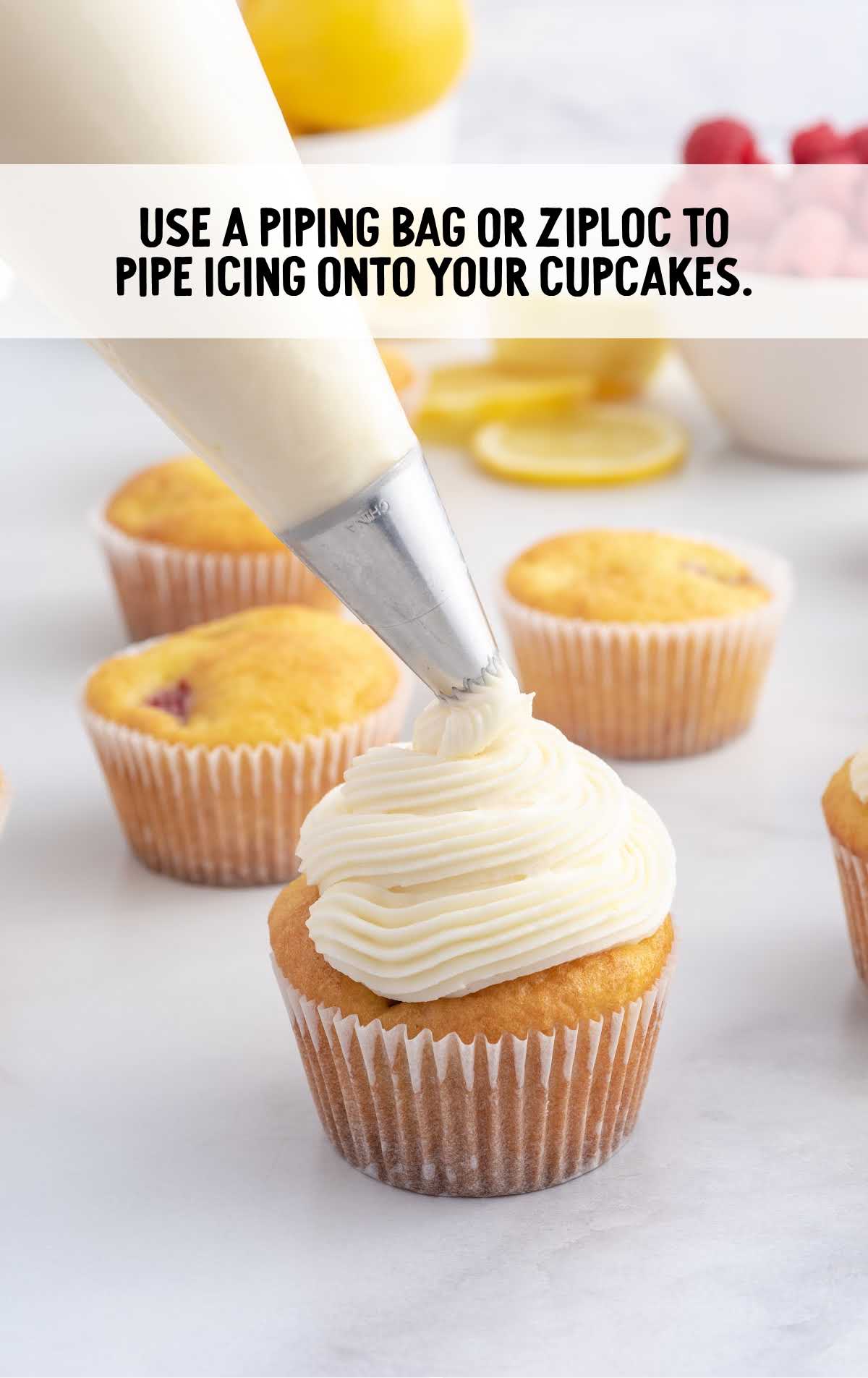 using a pipe bag place icing on top of the cupcake