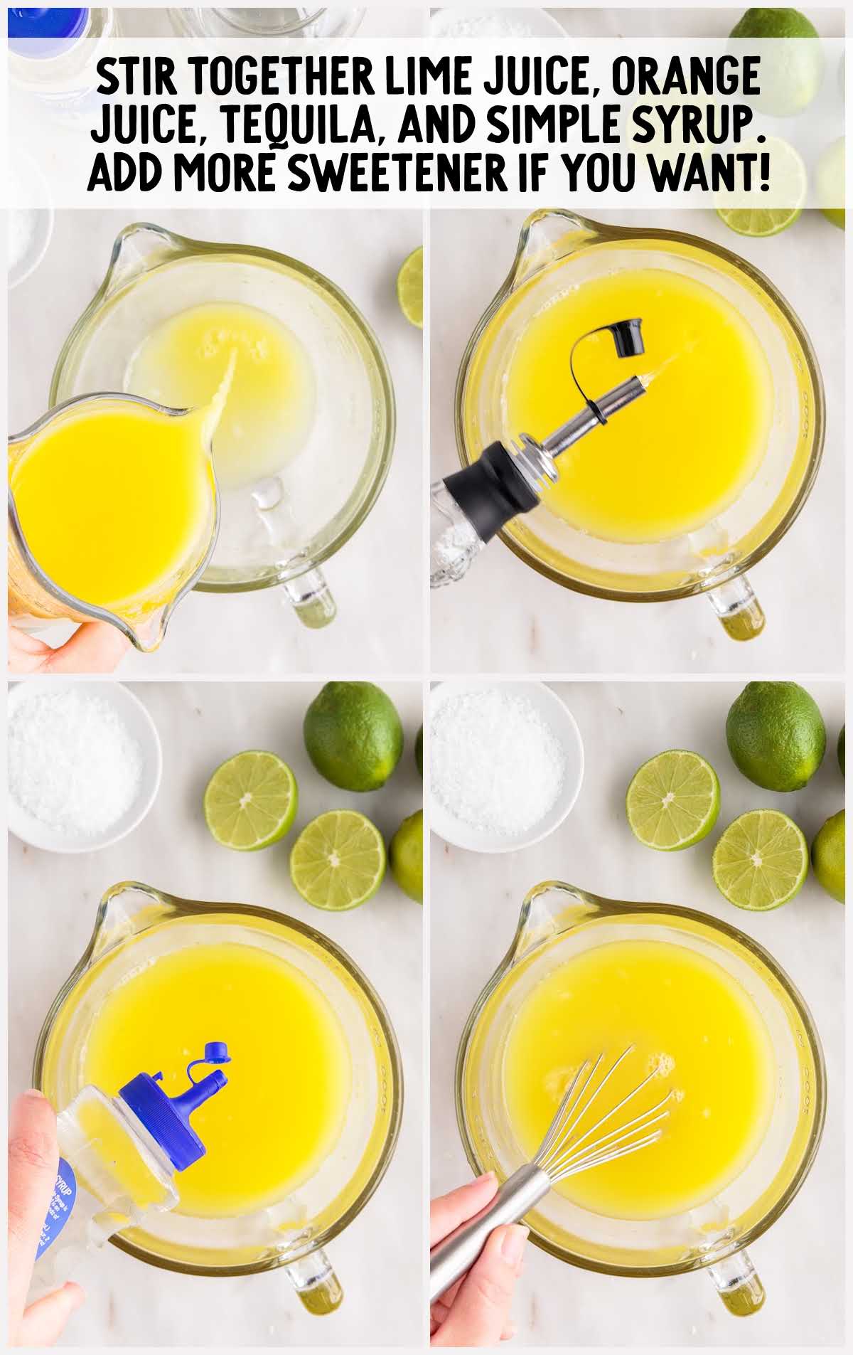 lime juice, orange juice, tequila, and simple syrup stirred together in a measuring cup