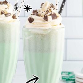 Mint Chocolate Chip Milkshake in a tall glass topped with whipped cream and pieces of mint