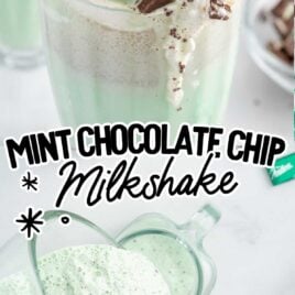 close up shot of Mint Chocolate Chip Milkshake in a tall glass topped with whipped cream and pieces of mint and Mint Chocolate Chip Milkshake being poured from a blender into a mason jar