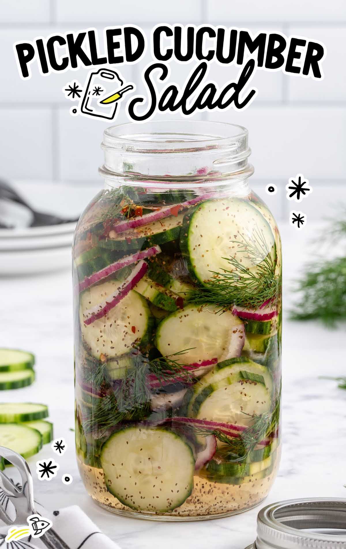 close up shot of pickle cucumber salad in a jar