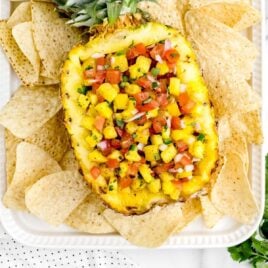 overhead shot of Pineapple Salsa with chips on a serving platter