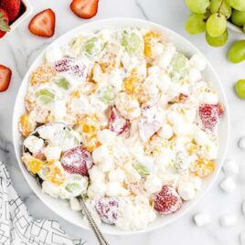 overhead shot of Pudding Fruit Salad in a bowl