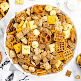 overhead shot of Ranch Chex Mix in a bowl