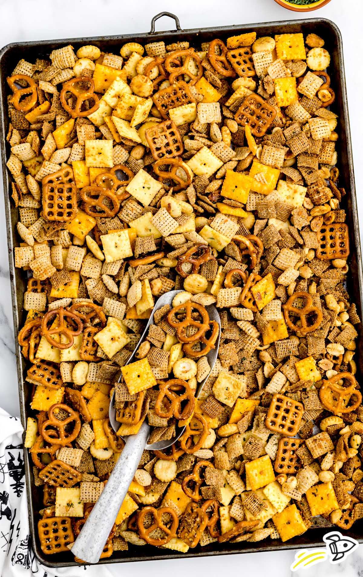 overhead shot of Ranch Chex Mix in a tray