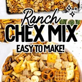 overhead shot of Ranch Chex Mix in a bowl and overhead shot of Ranch Chex Mix in a tray