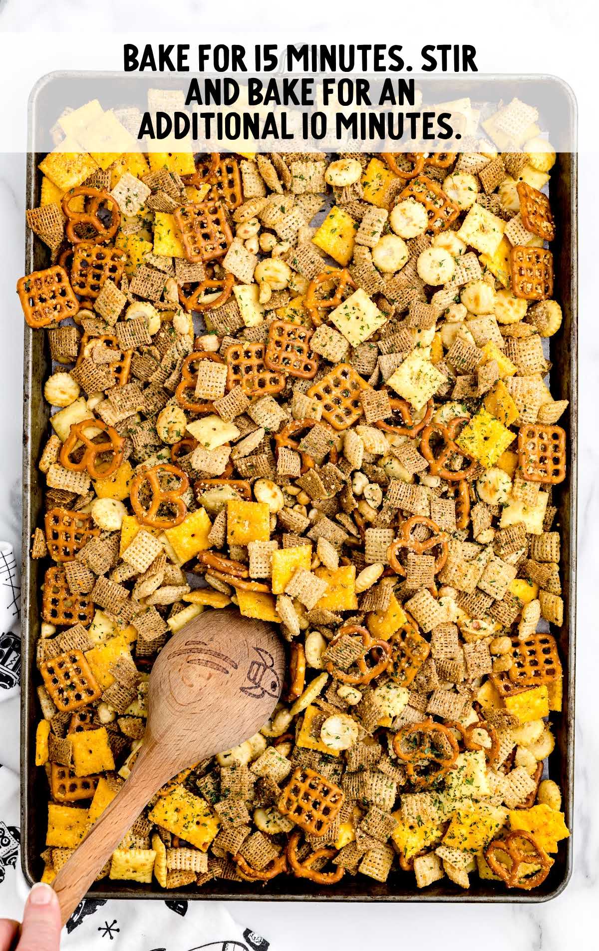 baked Ranch Chex Mix in a tray
