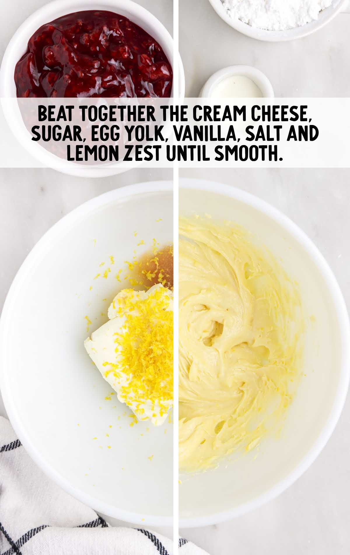 cream cheese, sugar, egg yolk, vanilla, salt and lemon zest blended together