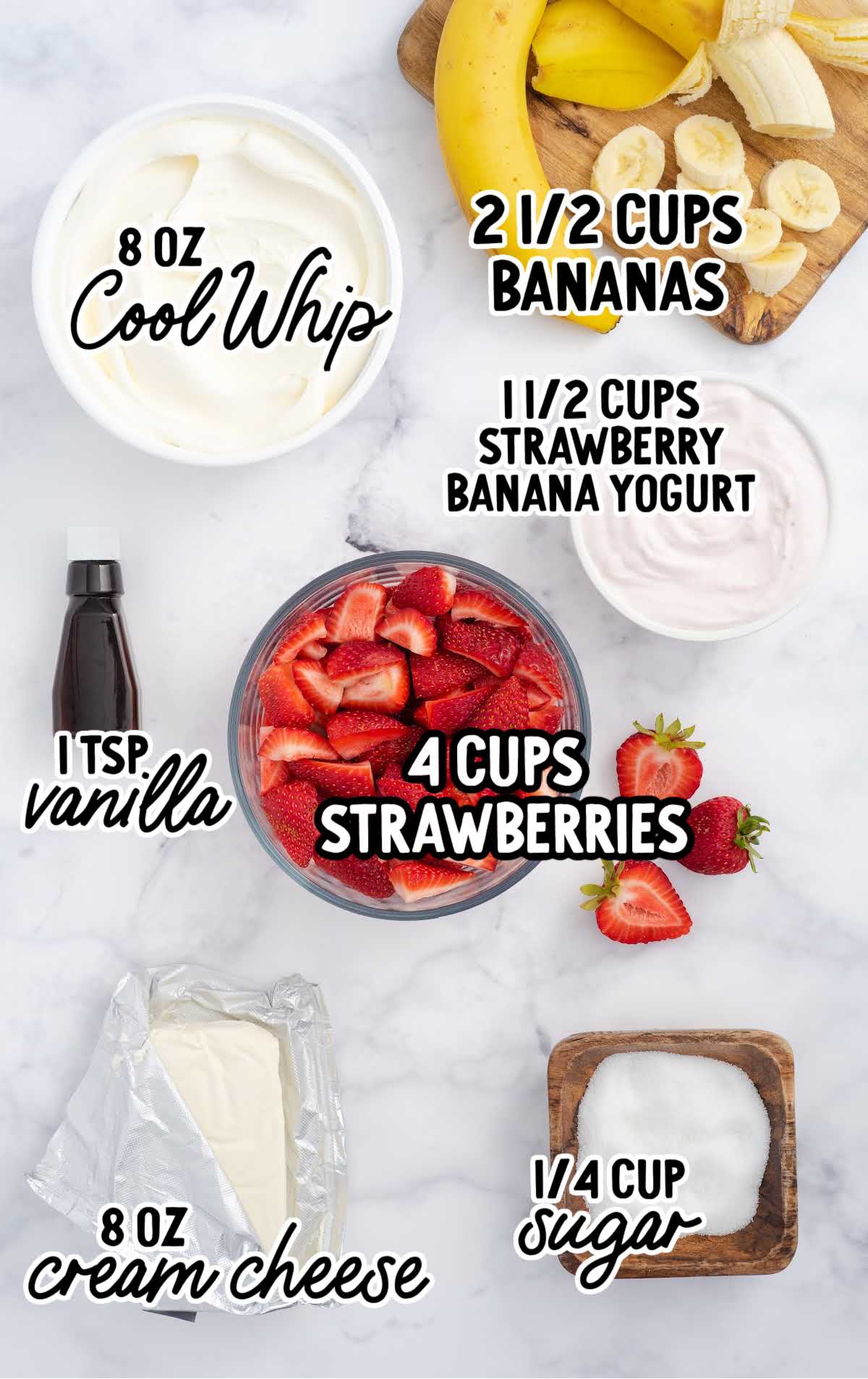 Strawberry Banana Cheesecake Salad raw ingredients that are labeled