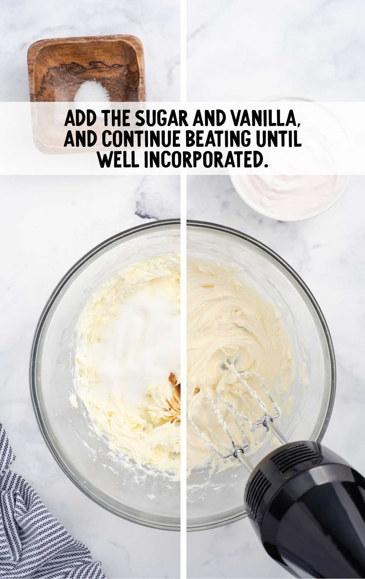 sugar and vanilla added to the softened cream in a bowl