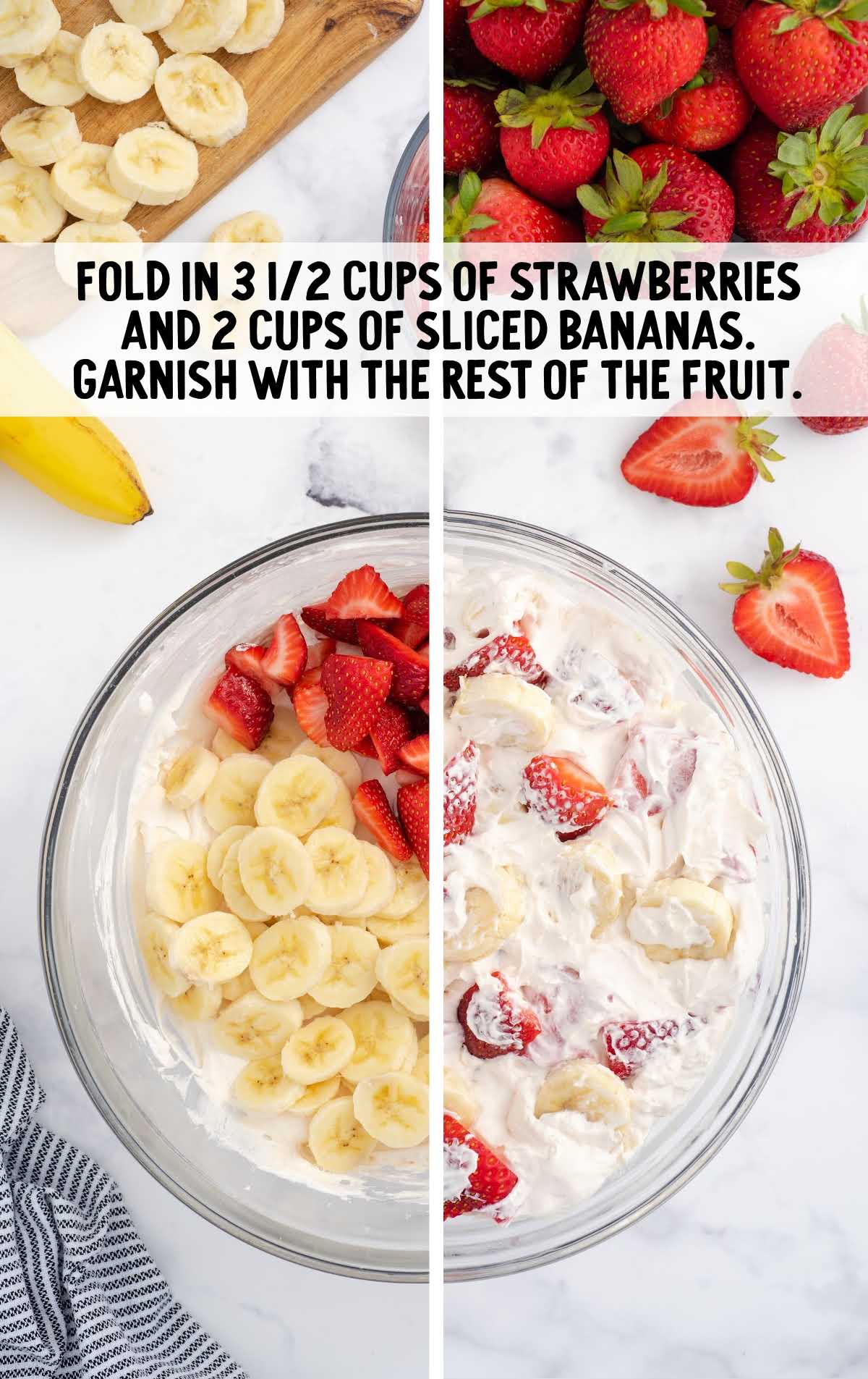 strawberries and bananas added to the yogurt in a bowl