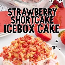 a slice of Strawberry Shortcake Icebox Cake on a plate with a fork and Strawberry Shortcake Icebox Cake in a baking dish with a slice taken out