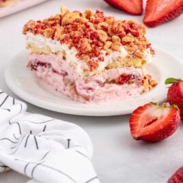 a slice of Strawberry Shortcake Icebox Cake on a plate