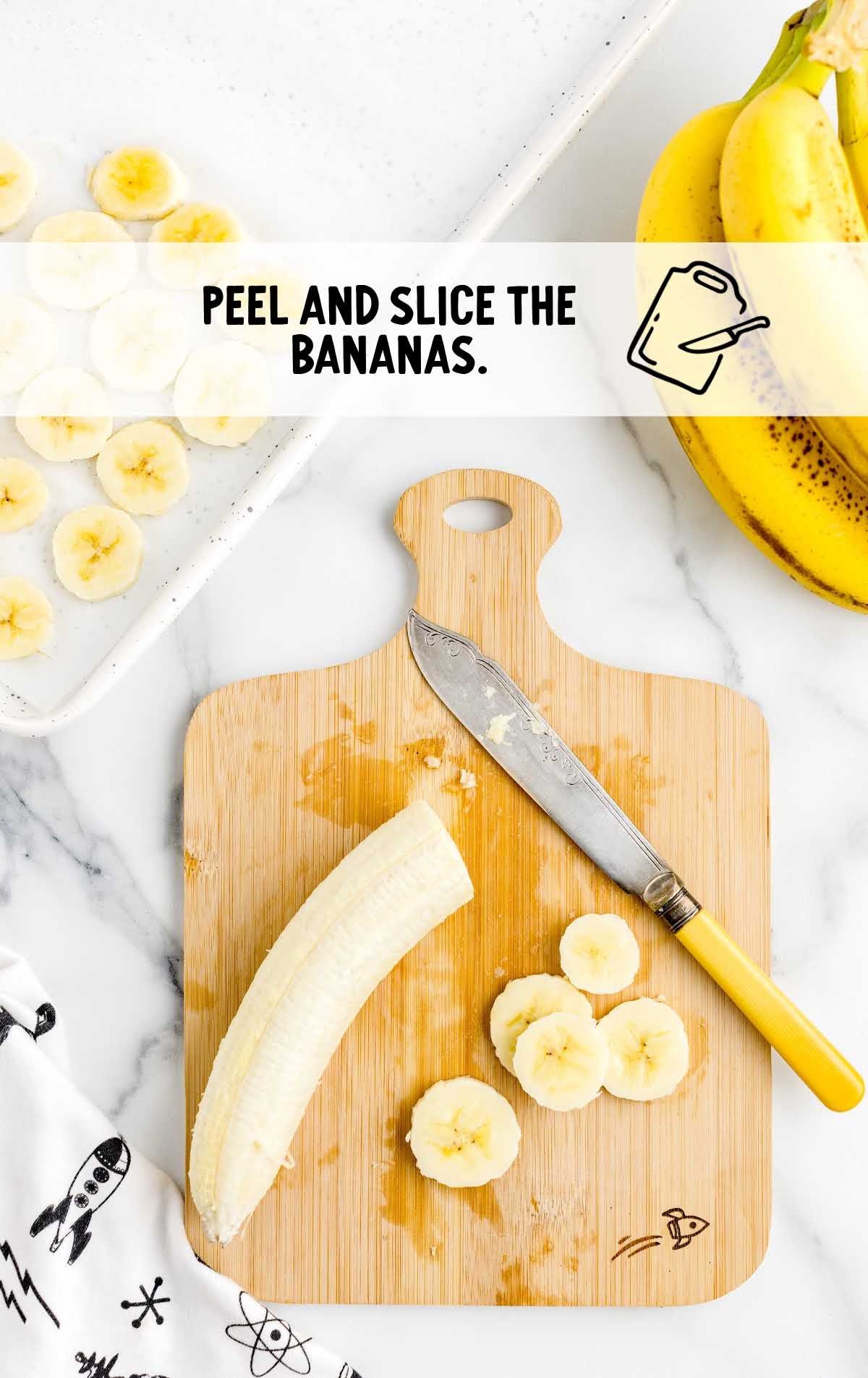 banana being peeled and sliced on a wooden cutting board