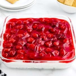close up shot of Cherry Cheesecake Dip in a baking dish