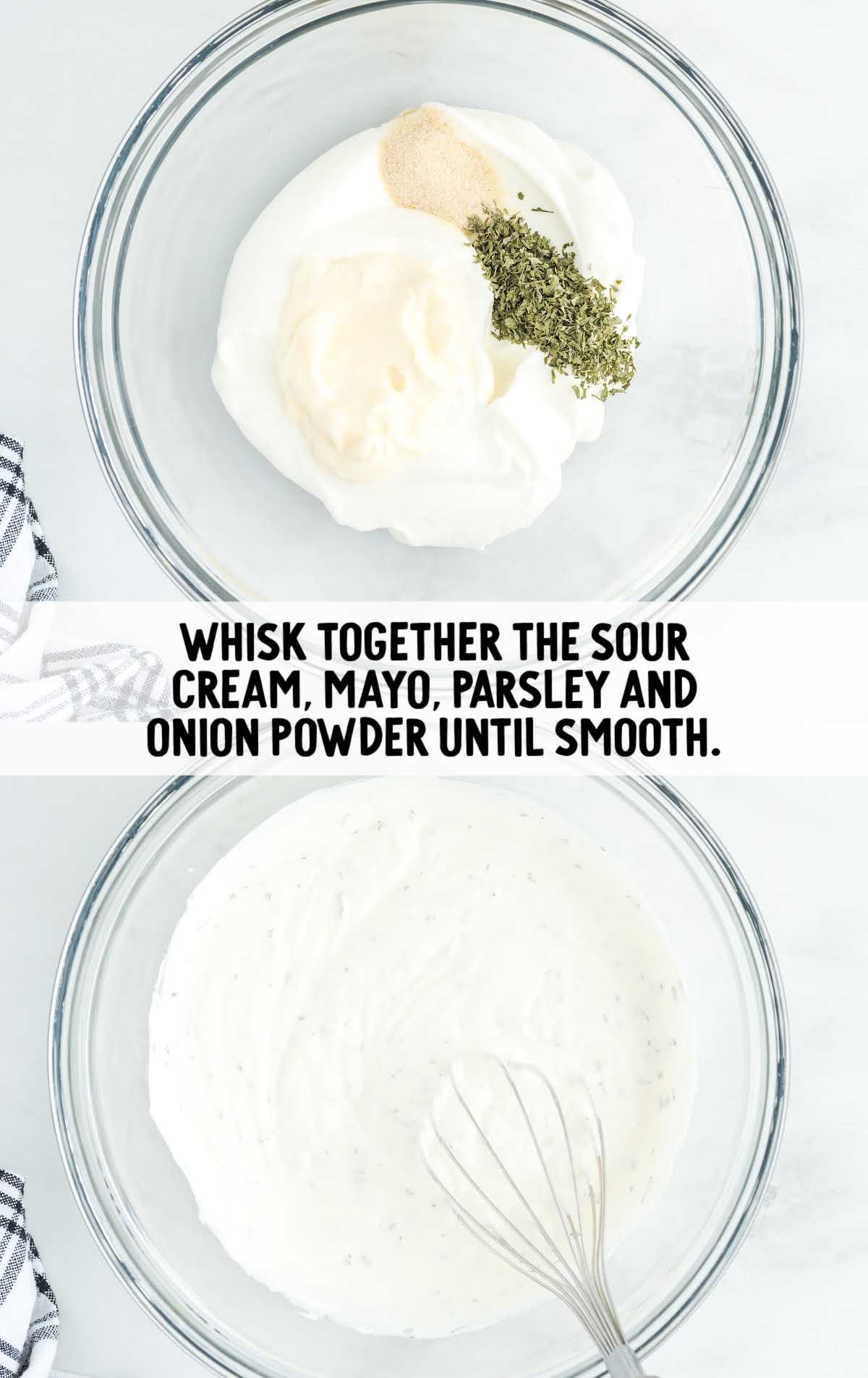 sour cream, mayo, parsley and onions whisked in a bowl