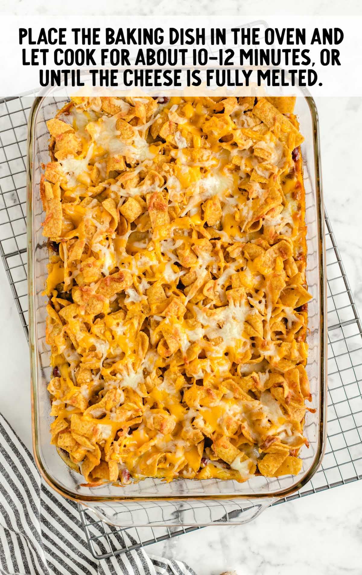 Frito Pie in a baking dish baked