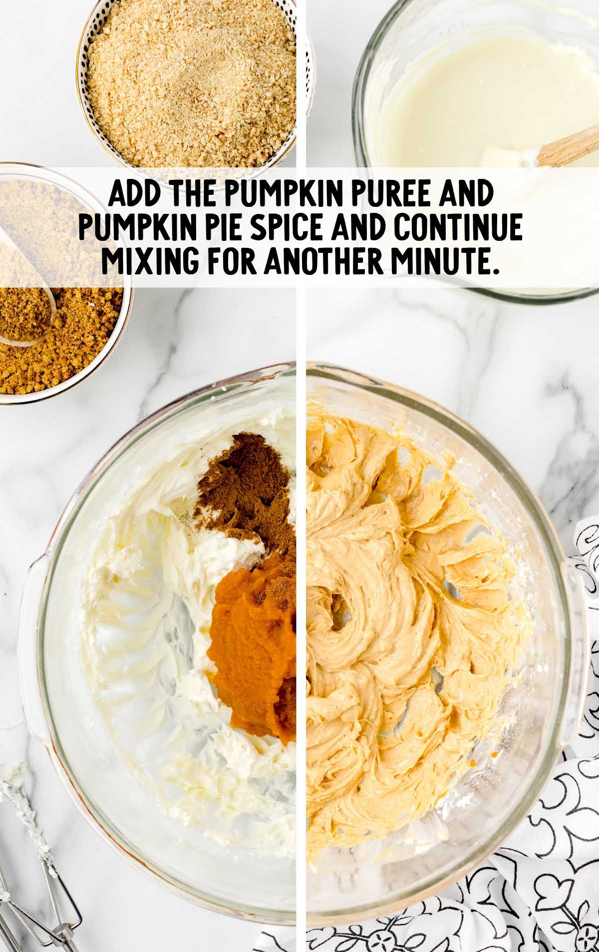 pumpkin puree and pumpkin pie spice added to the white chocolate in a bowl