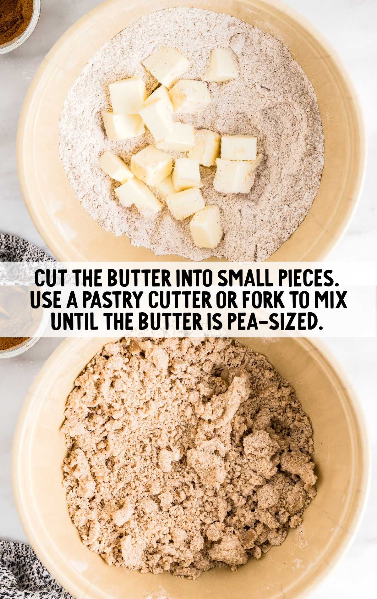butter cut into small piece and combine with flour mixture in a bowl