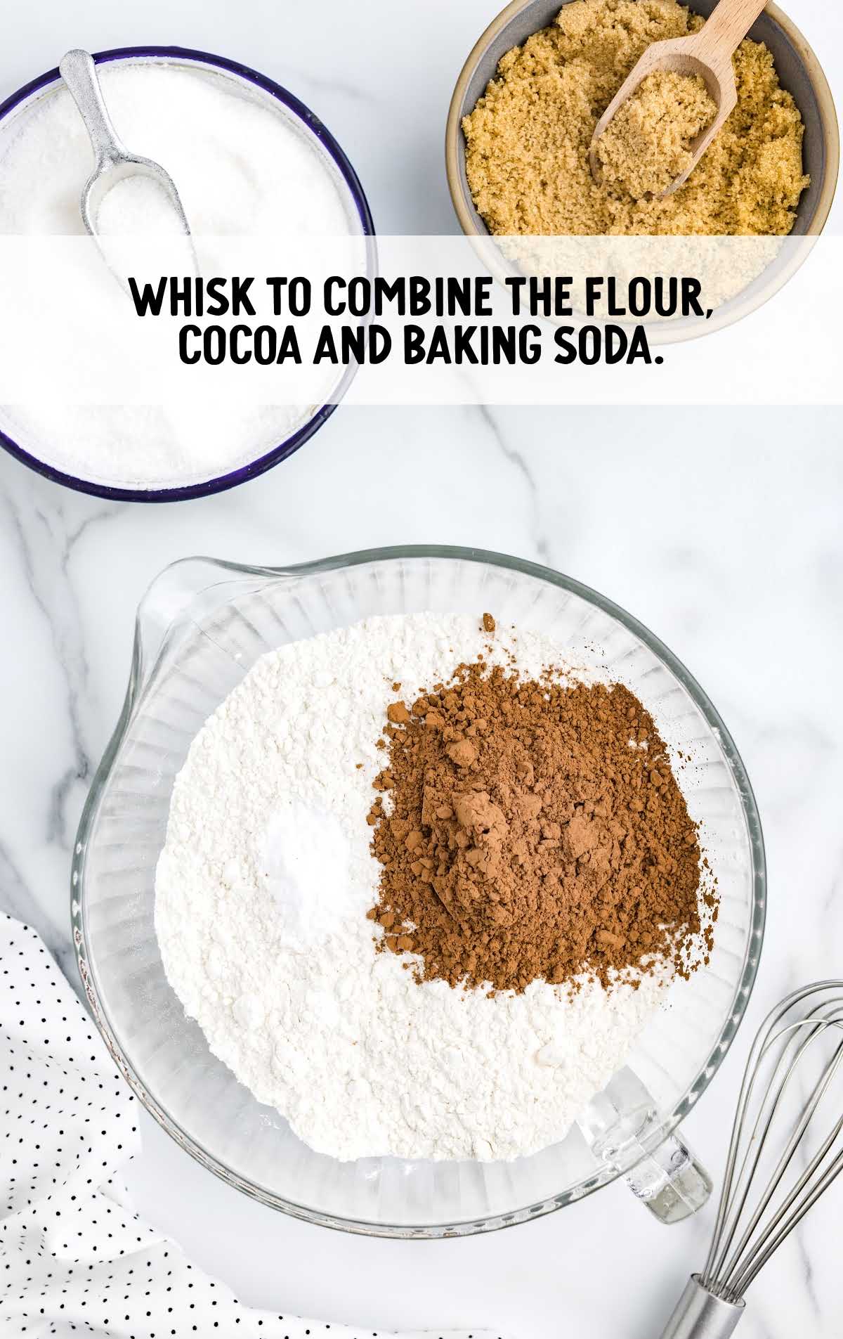 flour, cocoa, baking soda whisked together in a bowl