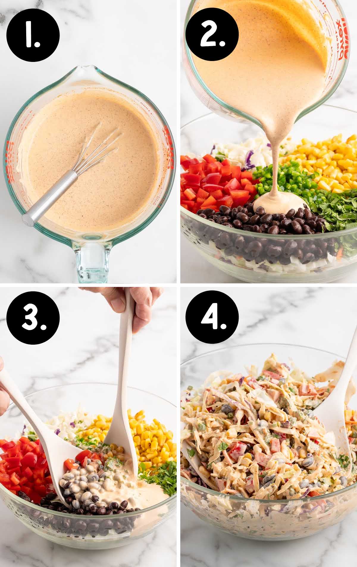 Step-by-step process of making Mexican coleslaw with southwest dressing being mixed into chopped veggies.