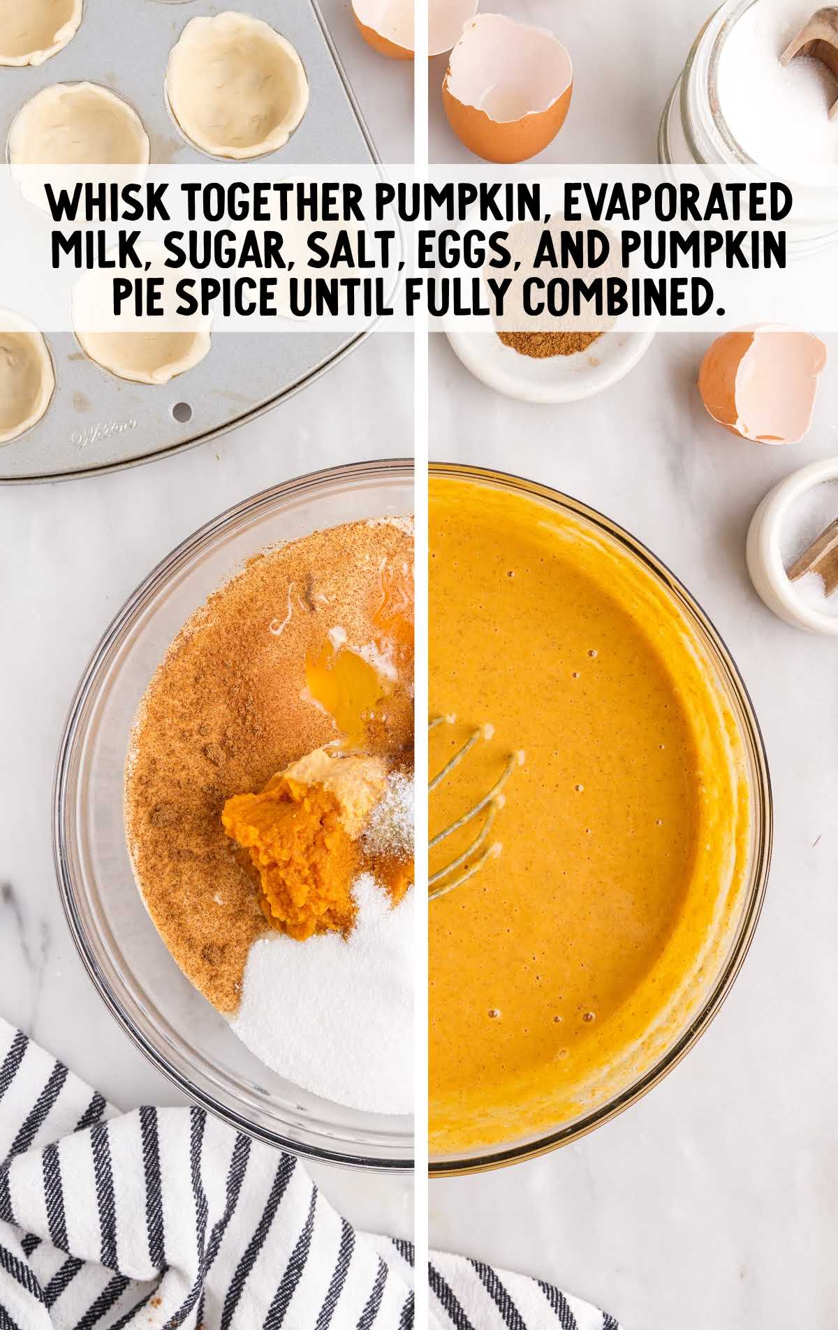 pumpkin, evaporated milk, salt, eggs, and pumpkin pie whisked together in a bowl