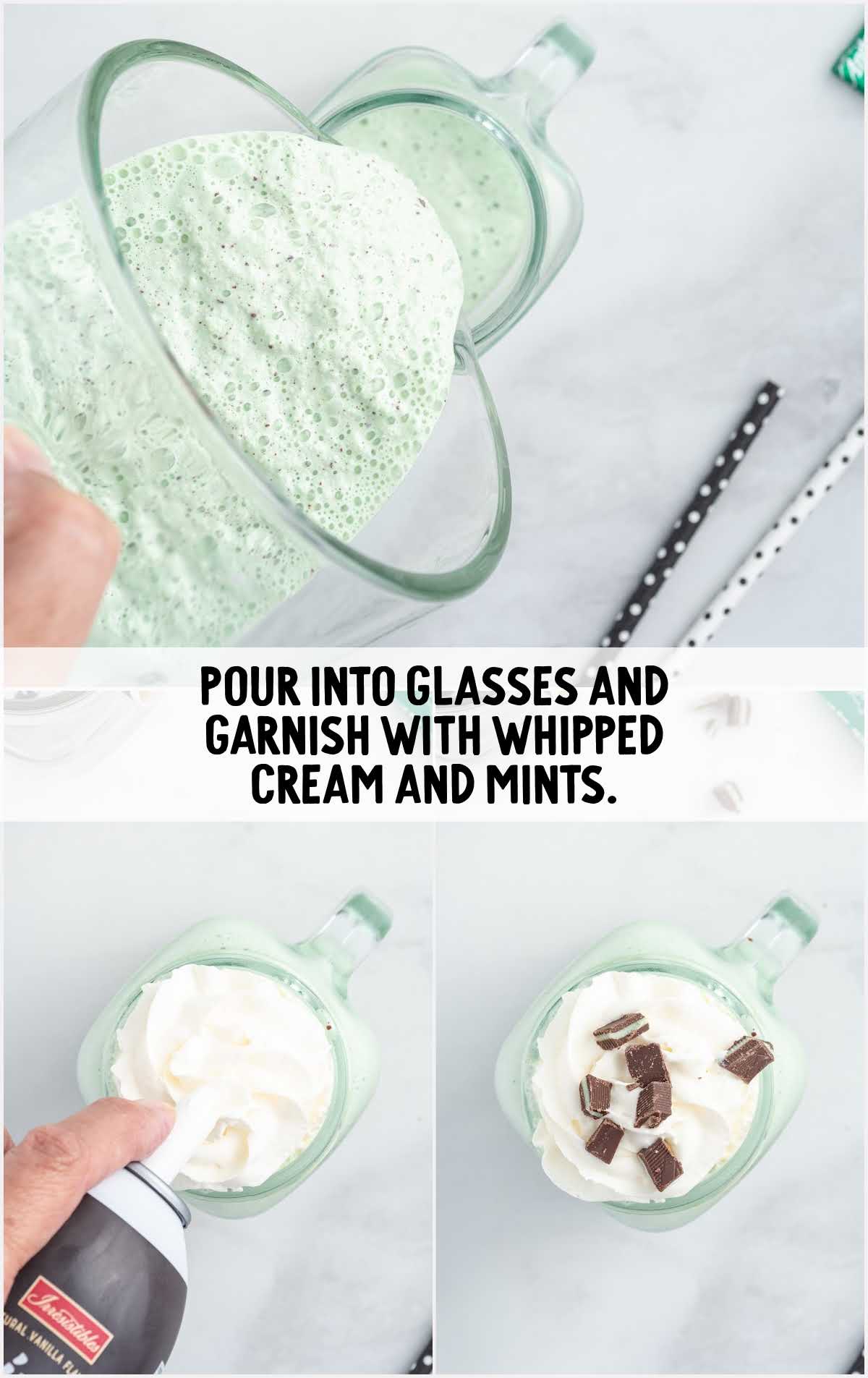 milkshake being poured from a blender into a mason jar and topped with whipped cream and mint