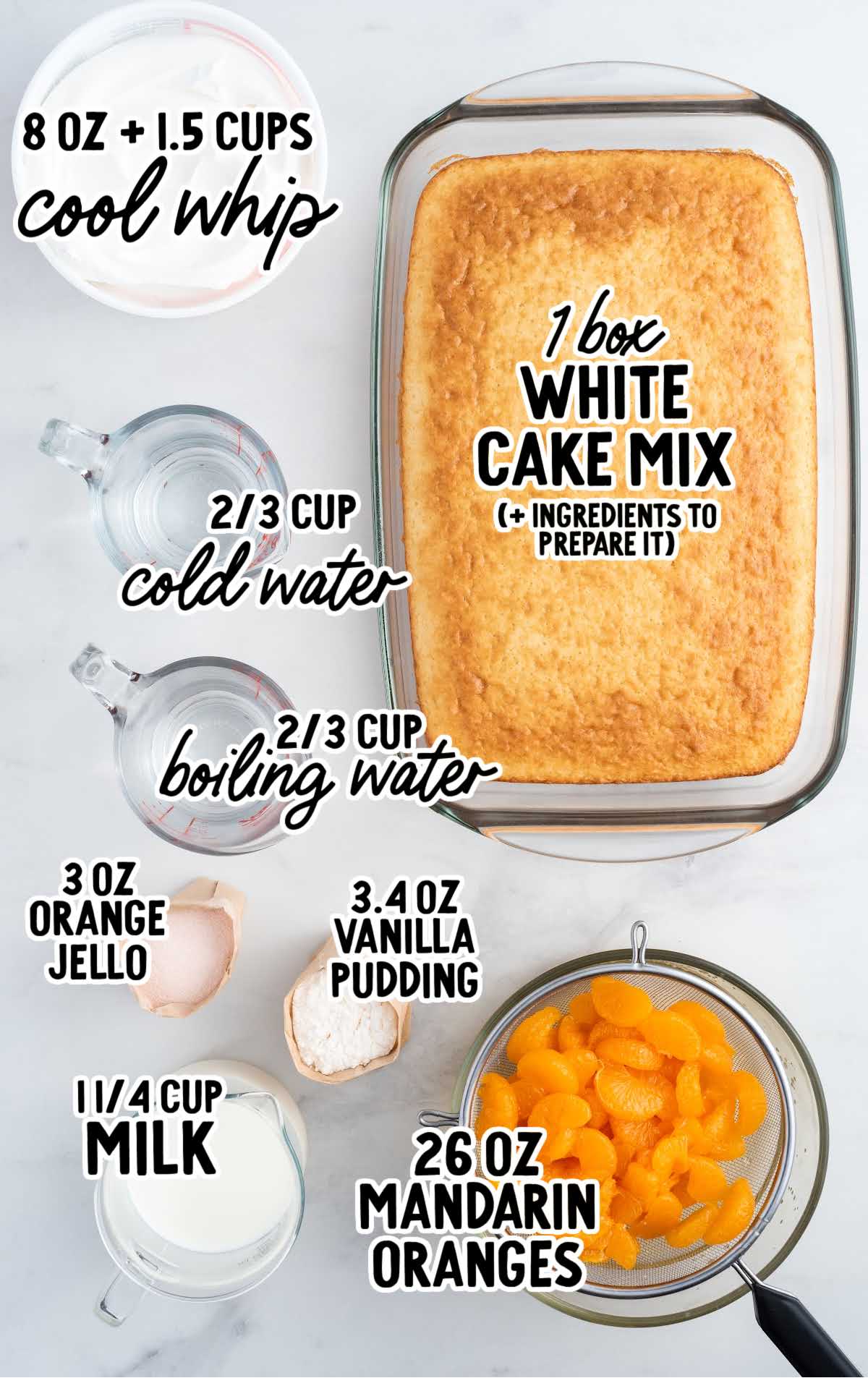 Orange Creamsicle Poke Cake raw ingredients that are labeled