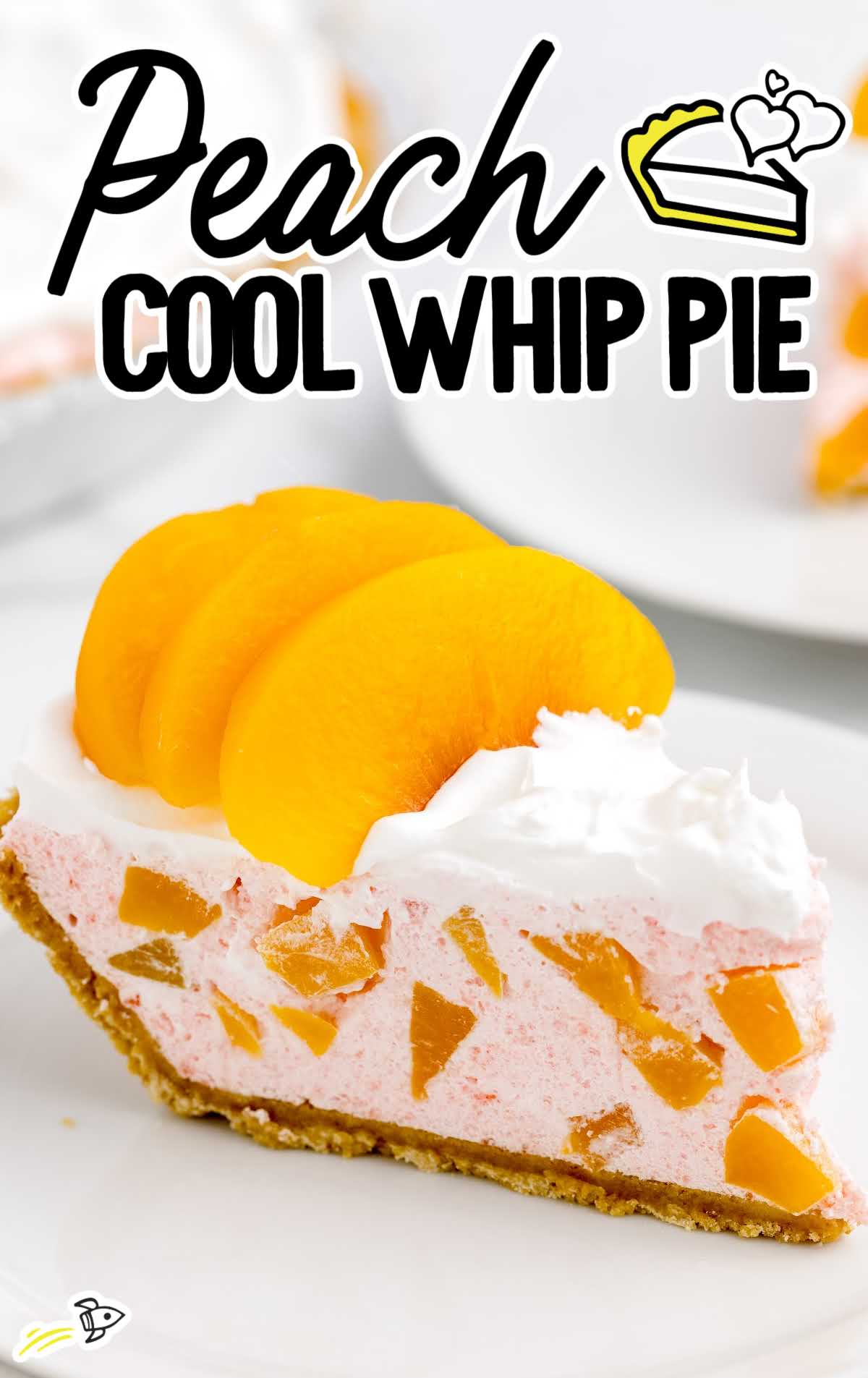 a close up shot of a slice of Peach Cool Whip Pie on a plate topped with slices of peaches