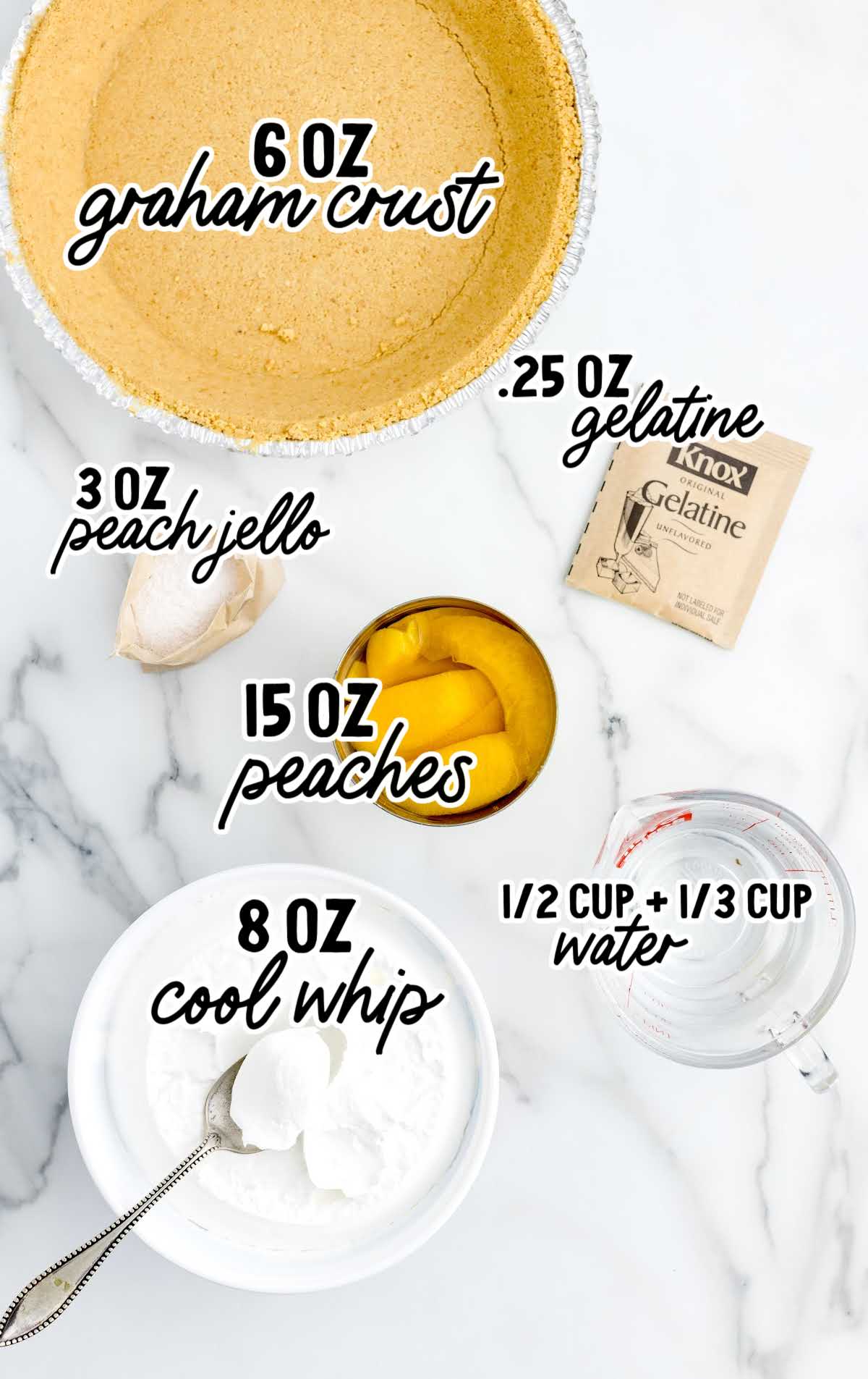 Peach Cool Whip Pie raw ingredients that are labeled
