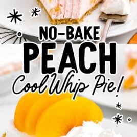 a close up shot of a slice of Peach Cool Whip Pie on a plate