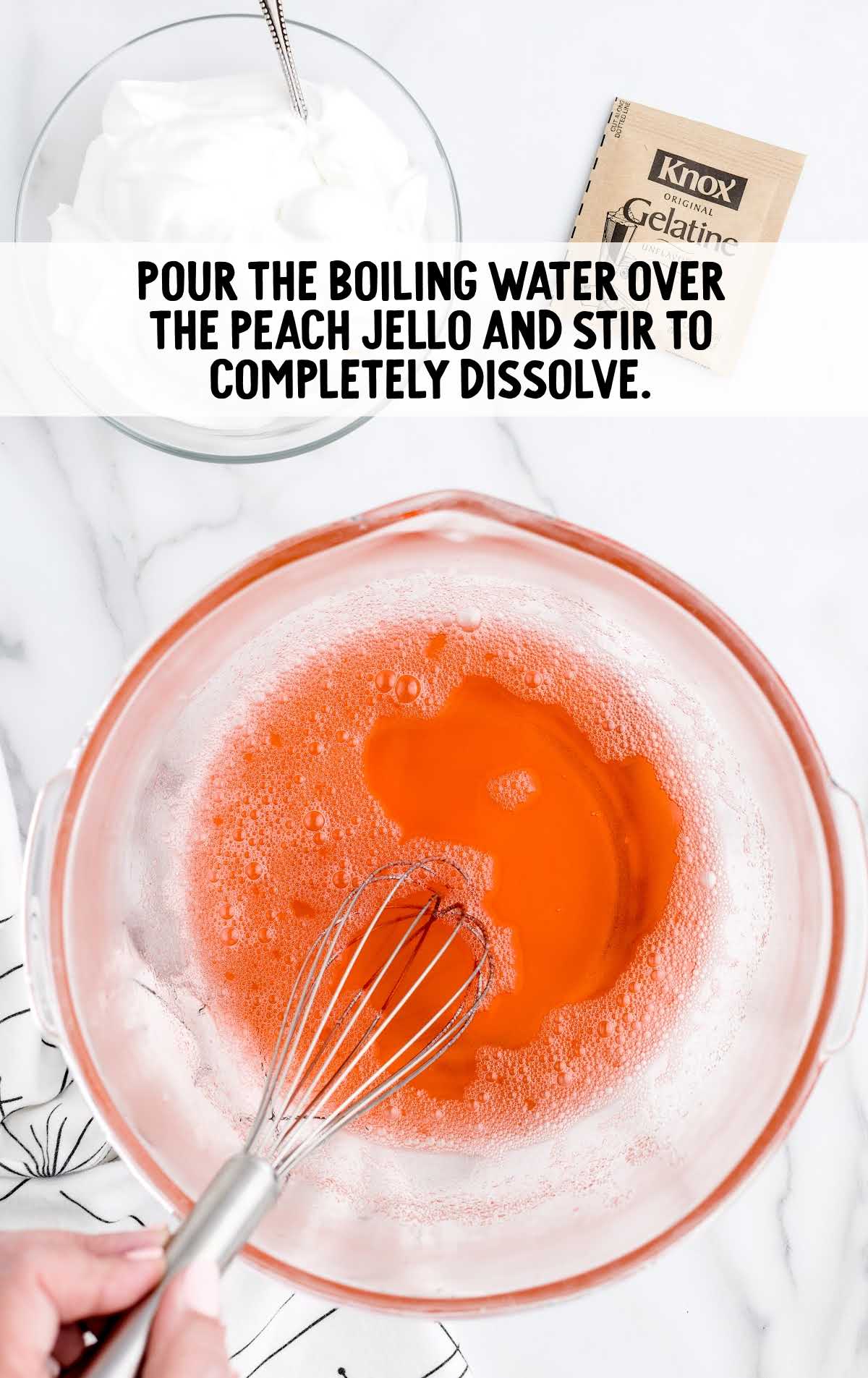 boiling water poured over the peach jello and stirred in a bowl